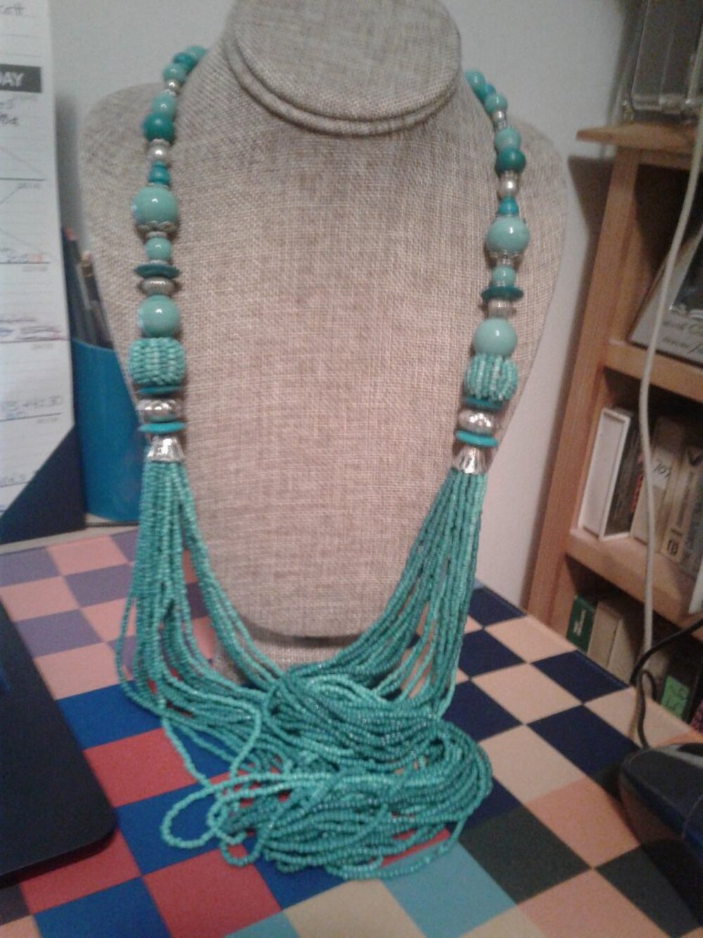 Multi Strand Green/Blue Seed Bead & Stone Beads LONG Statement Necklace 40"L